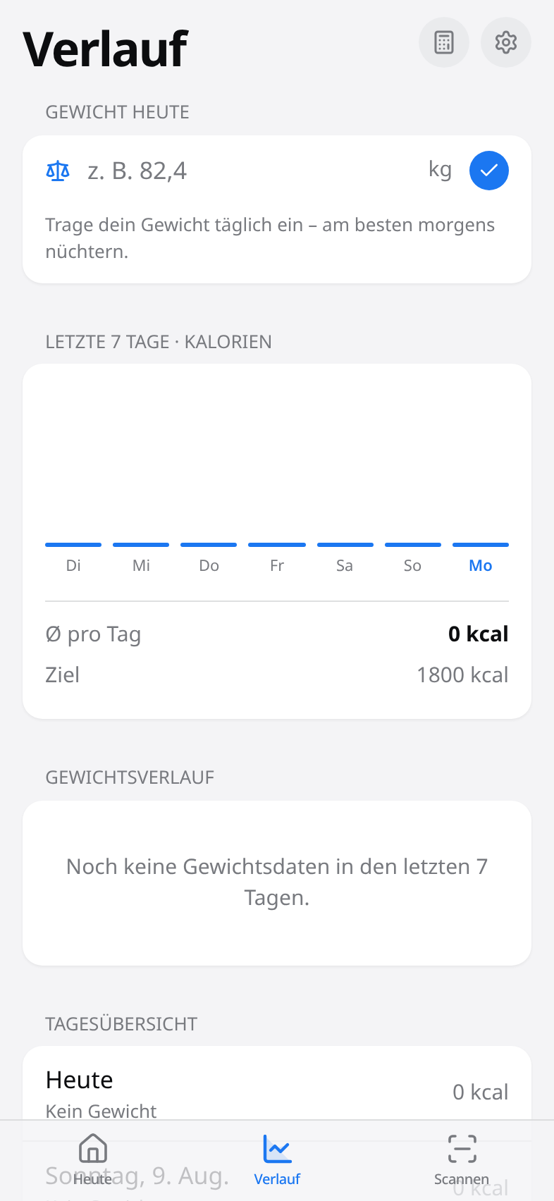 Verlauf mit Kalorien der letzten 7 Tage und Gewichtsverlauf