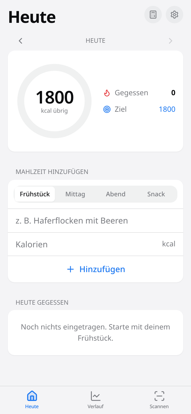 Startbildschirm der Leichter App mit Kalorien-Übersicht